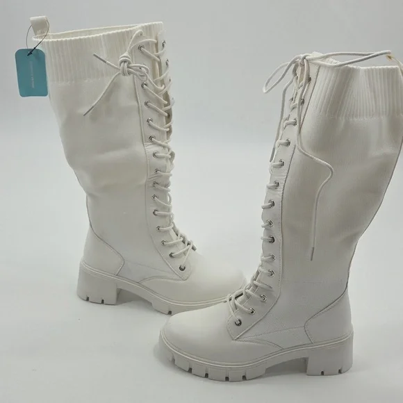 Women's White Knee-High Lace-Up Boots PU and Knit Material New - Picture 11 of 16